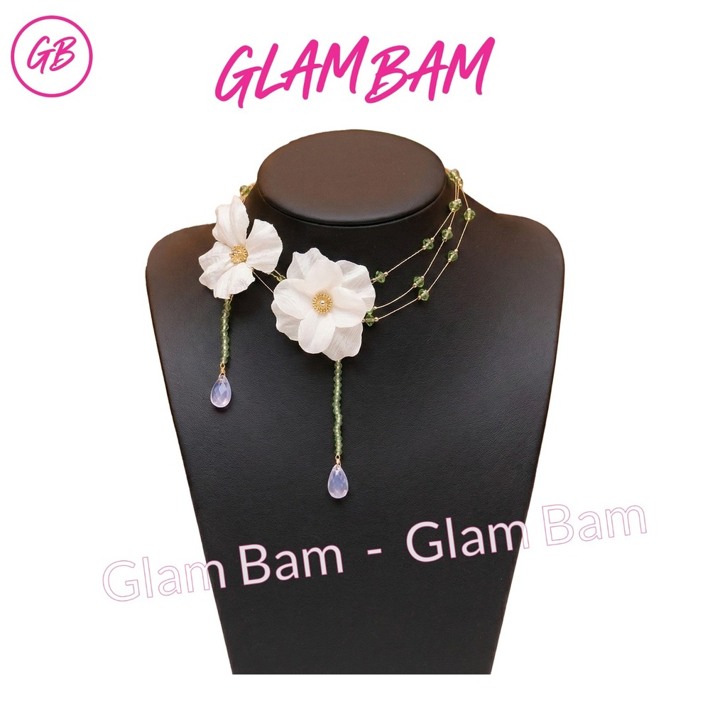 White Flower Choker Necklace Green Beads Blue Teardrop Tassel Mori NEW